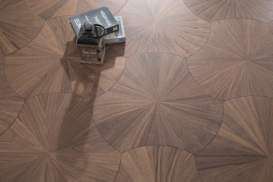 Black walnut lotus pattern parquet flooring.